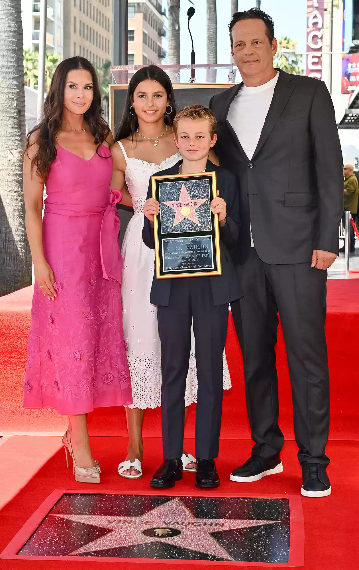 Kyla Weber, Locklyn Kyla Vaughn, Vernon Lindsay Vaughn and Vince Vaughn at the ceremony honoring Vince Vaughn with a star on the Hollywood Walk of Fame on August 12, 2024 in Los Angeles, California. 