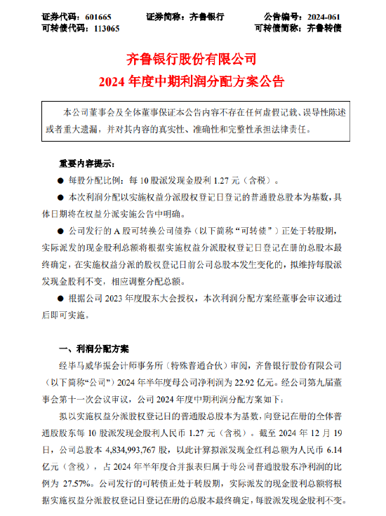 齐鲁银行：2024年中期利润分配方案拟每10股派发现金股利1.27元