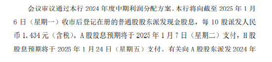 工商银行：A股股息于2025年1月7日支付